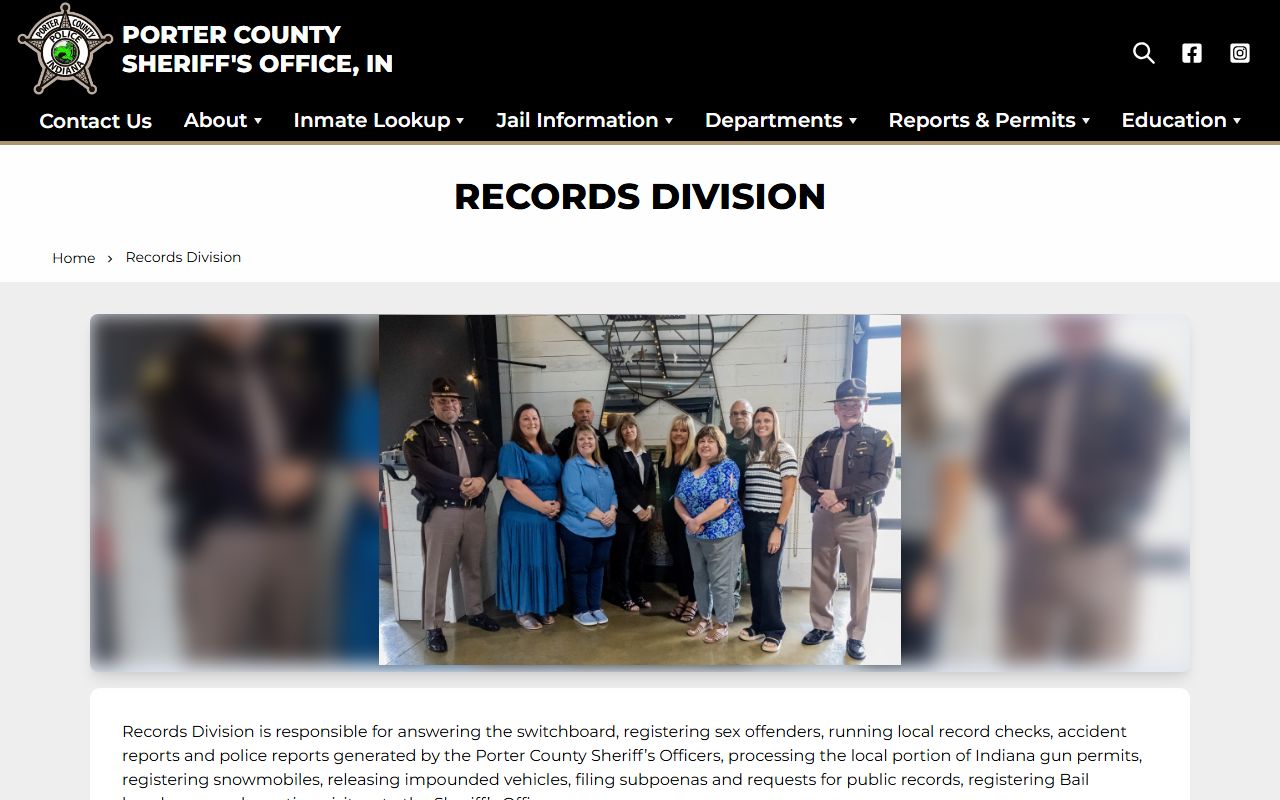 Porter County Sheriff records division page for requesting arrest reports