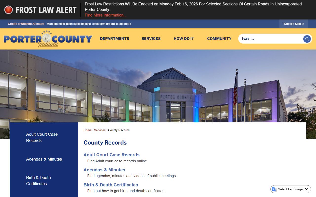 Porter County government records page for public record access