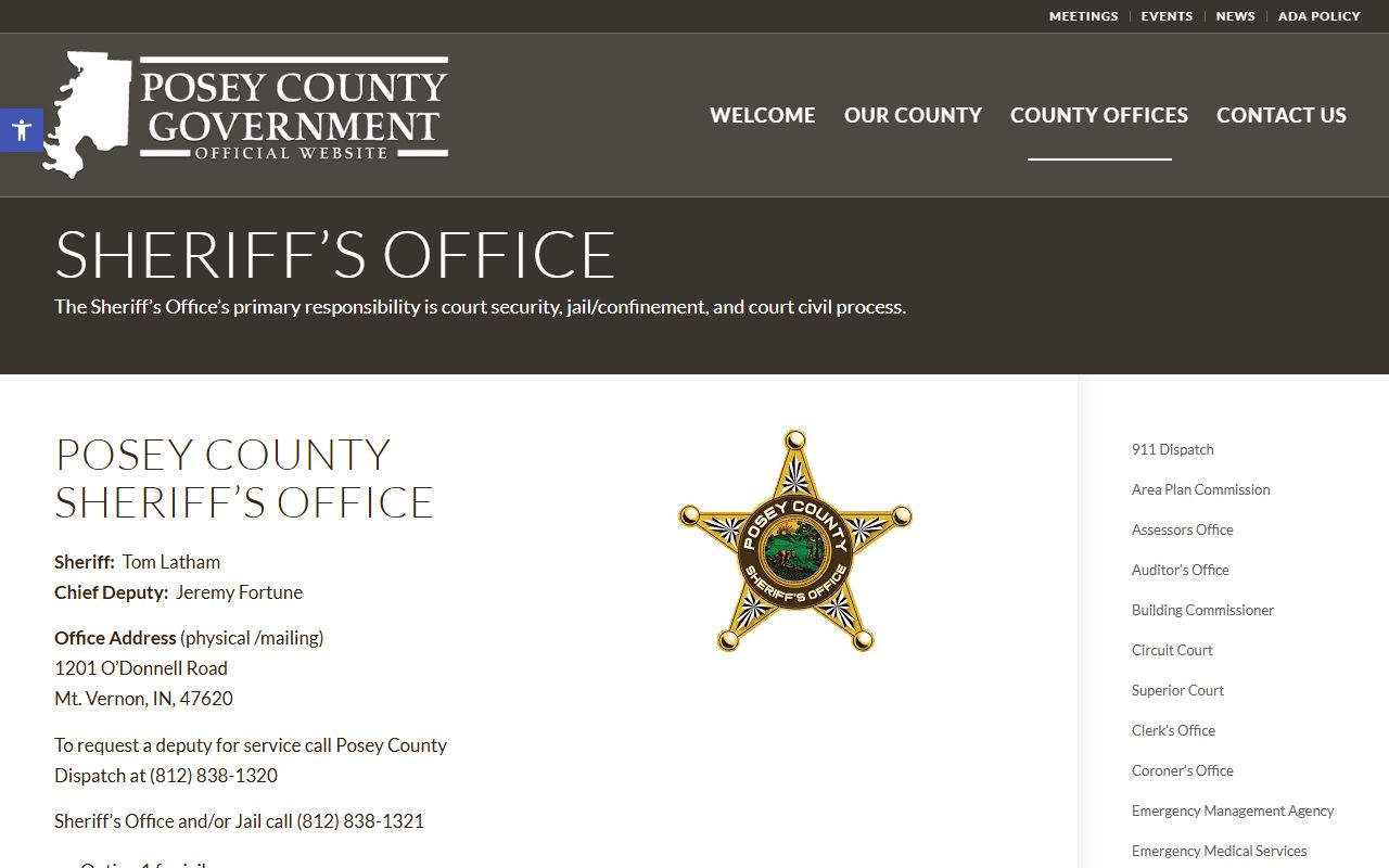 Posey County Sheriff Office page on county government website in Mount Vernon