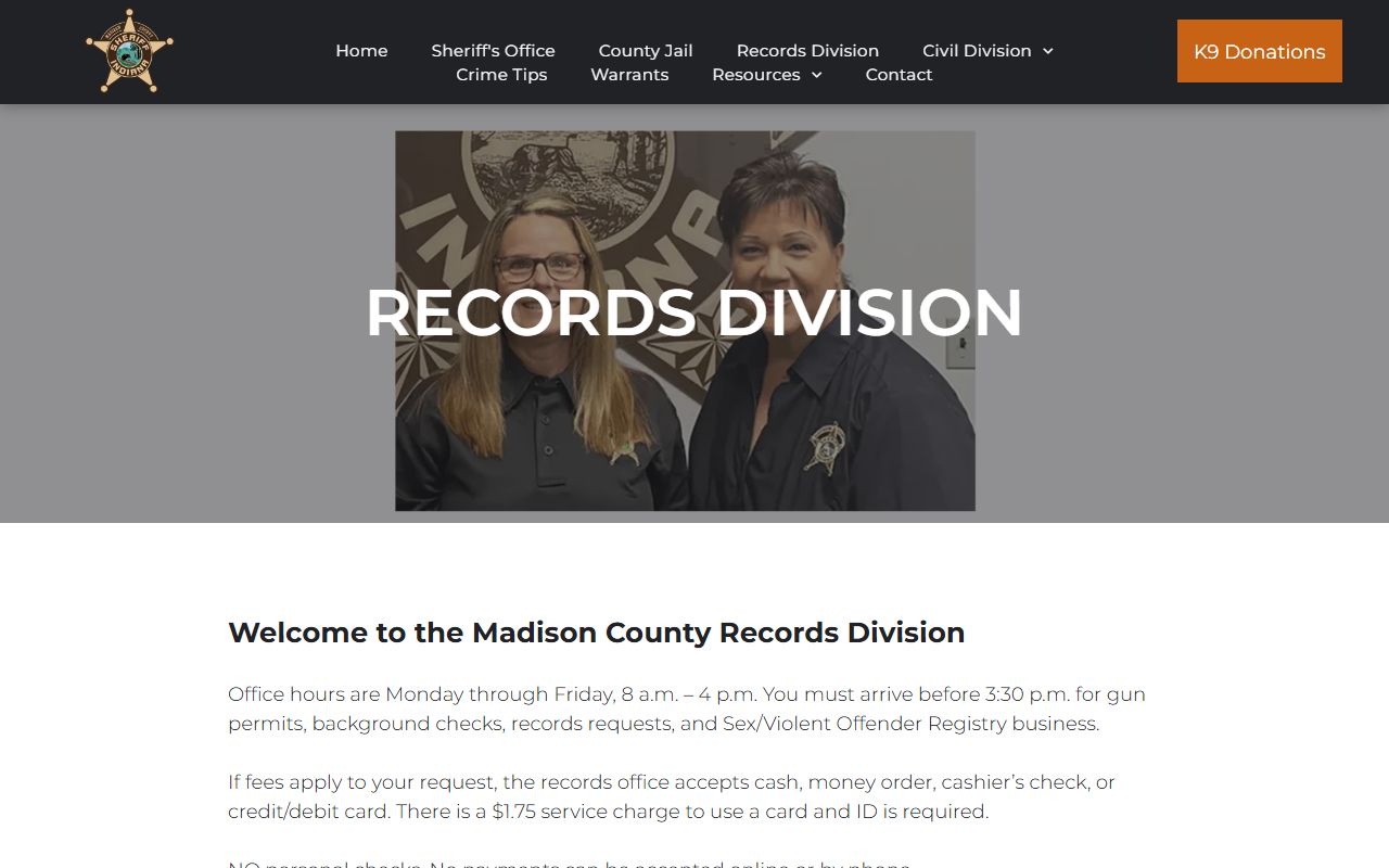 Madison County Sheriff records division page