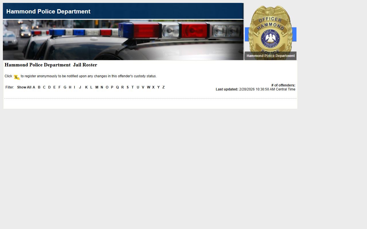 Hammond jail roster through VINE for arrest records