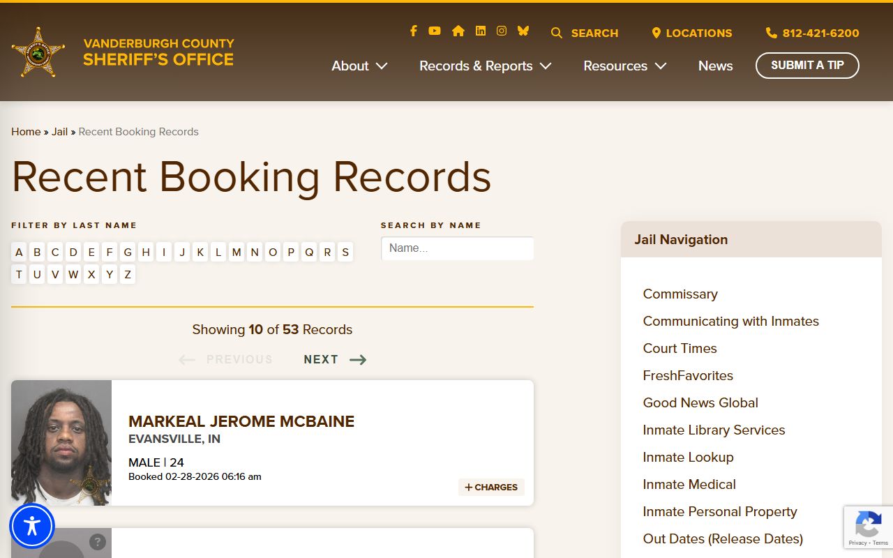 Vanderburgh County recent bookings page for Evansville arrest records