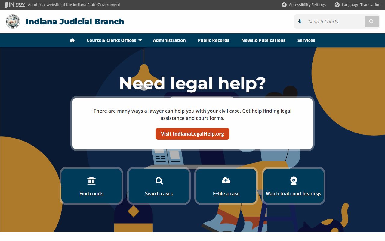 Indiana Courts homepage for looking up arrest and criminal case records