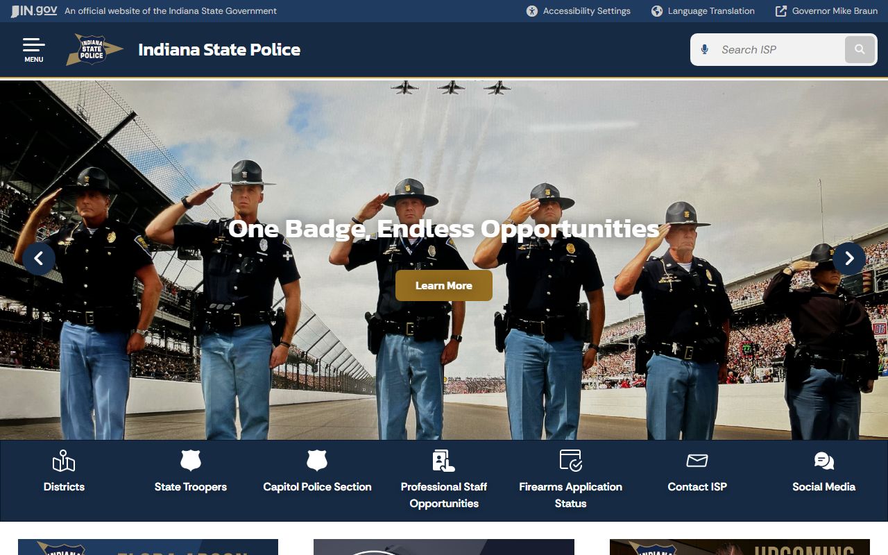 Indiana State Police homepage with links to arrest record services