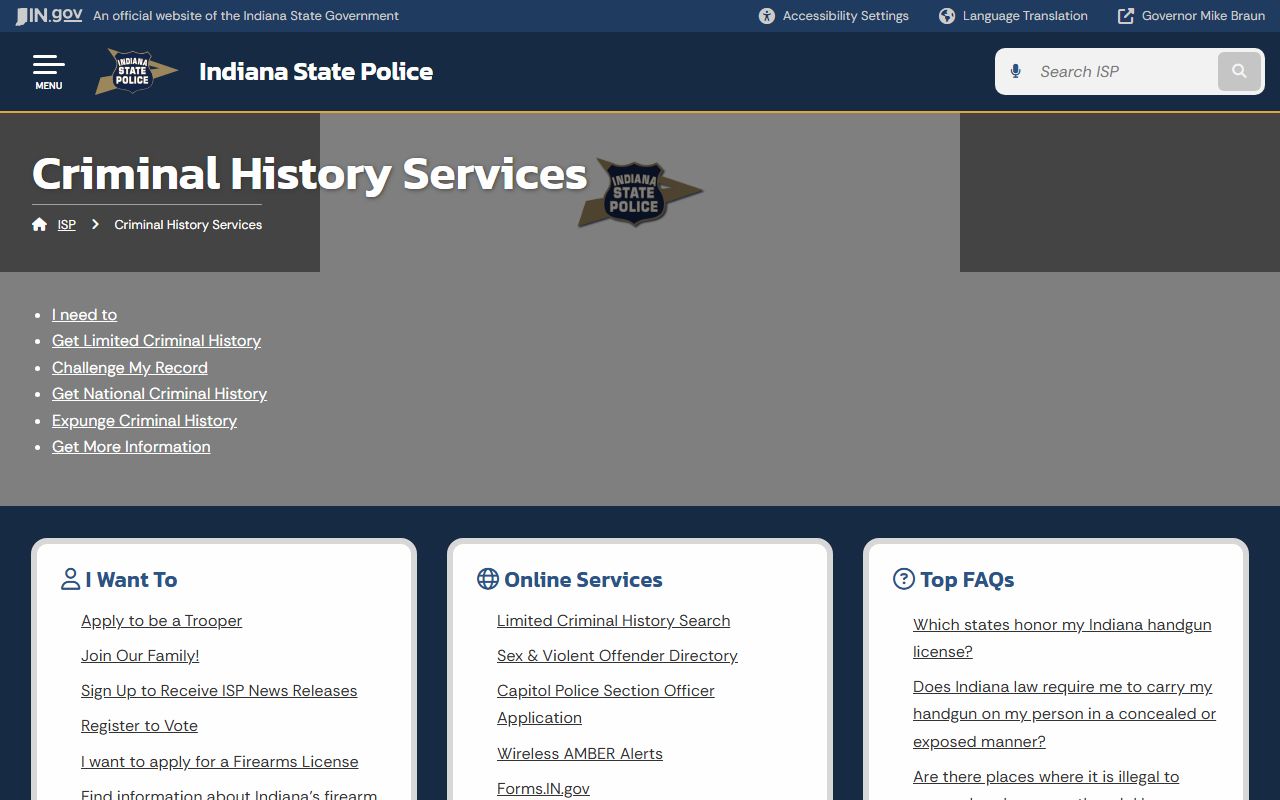 Indiana State Police criminal history services search page for arrest records
