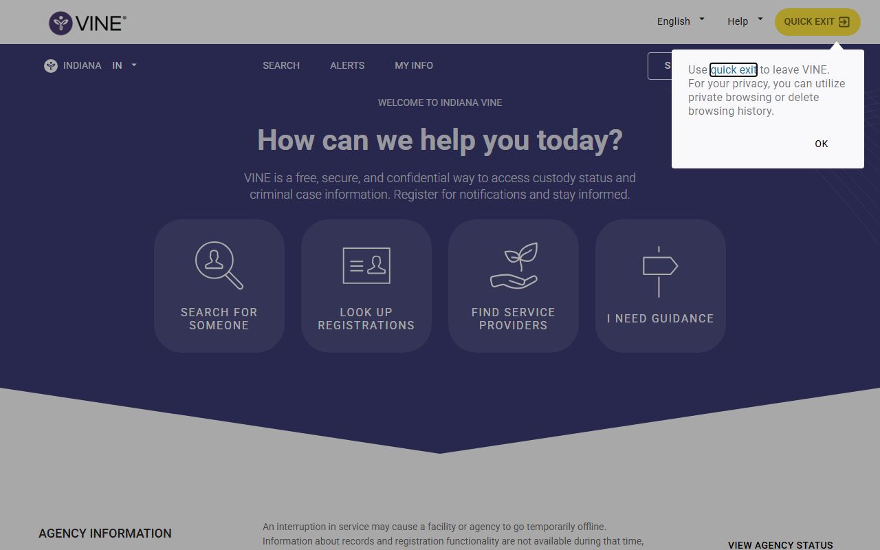 VINE victim notification system for Indiana arrest record tracking