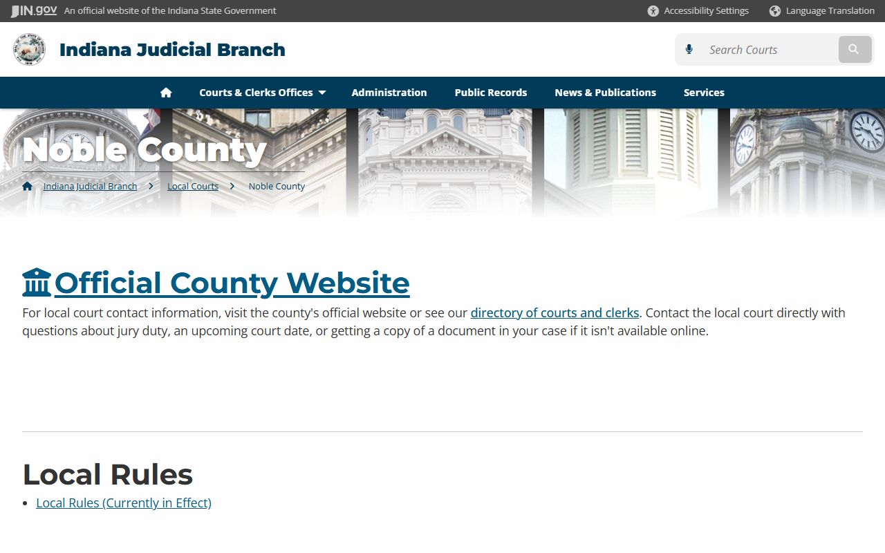 State court portal page for Noble County arrest records